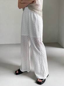 FRIFUL 女士休閒純色露網刺繡長褲,適合夏季 - 杏色 - 查看 5