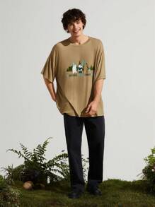 SHEIN Earth Day Fanverse Picks Men Cartoon And Letter Graphic Drop Shoulder Tee - Khaki - View 5