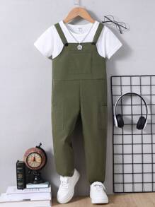 SHEIN Young Boys' Summer Sleeveless Overalls With Multi Pockets Design - Green - View 1