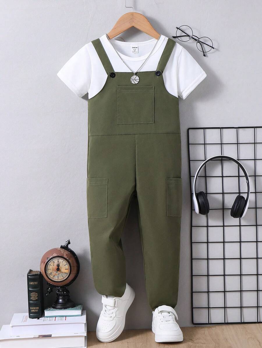 SHEIN Young Boys' Summer Sleeveless Overalls With Multi Pockets Design - Green - View 1