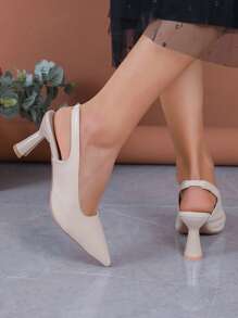 Women's Pointed Toe Stiletto Nightclub Shoes With Elastic Band In Beige