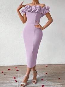 SHEIN Privé 女士雪紡荷葉邊折褶裙,帶有蕾絲細節和優質感 - 紫色 - 查看 3