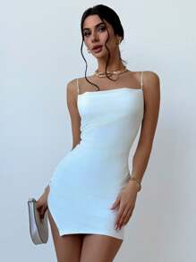 Aloruh 金屬拼接高領修身開叉裙,女性服裝 - 白色 - 查看 7