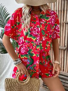 SHEIN LUNE Women's Floral Printed Button Front Shirt And Shorts - Red - View 5