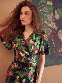 MOTF PREMIUM Vestido Envolvente Con Cinturón, Cuello Cruzado Con Estampado Tropical Y Mangas Acampanadas - Multicolor - Ver 8