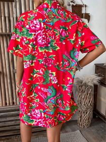 SHEIN LUNE Women's Floral Printed Button Front Shirt And Shorts - Red - View 3