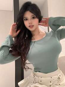 DAZY 女士蕾丝拼接圆领长袖T恤，秋季女装 - 橄欖綠 - 查看 15