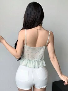 Dazy Designer 女士吊带背心，前系带设计，荷叶边装饰，性感女式上衣