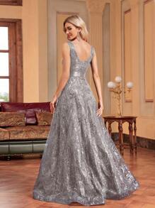 Women's Sequin Embroidery Waist Fitted V-Neck Sleeveless Maxi Evening Gown, Elegant Formal Prom Party Dress (Heavy Decor) Wedding Guest Dress - 灰色 - 查看 2