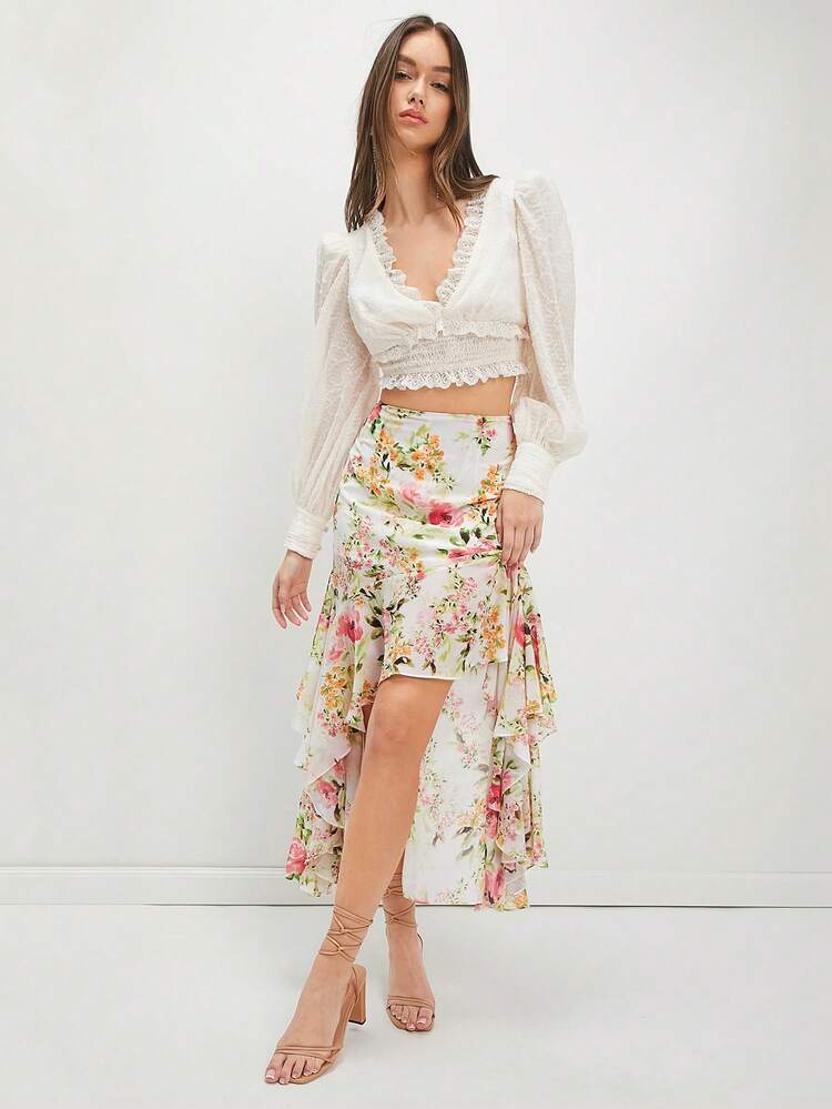 Women's Asymmetrical Hem Floral Print Spring Skirt