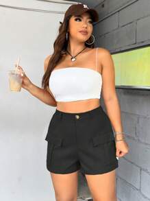Flirla Pantalones Cortos De Talla Grande De Color Sólido Con Bolsillo Con Solapa - Negro - Ver 5