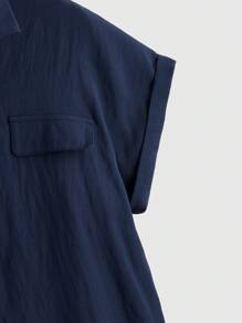 ROMWE Camisa básica con botones frontales, para la escuela, tops de manga corta - Azul Marino - Ver 4