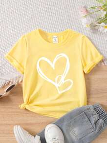 SHEIN Young Girl Lovely Double Heart Print Short Sleeve T-Shirt