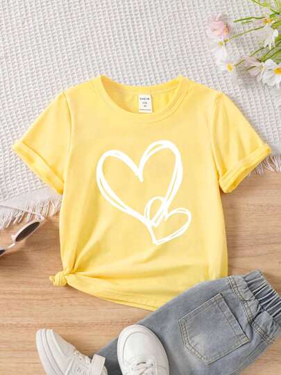 SHEIN Young Girl Lovely Double Heart Print Short Sleeve T-Shirt