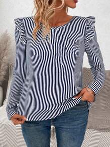 SHEIN LUNE Plus Size Button Decorated Back Striped Blouse