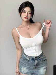 DAZY 女士基本肋紋背心上衣 - 白色 - 查看 4