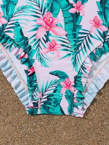 Conjunto de bikini de unicolor en la parte superior y estampado de plantas en la Bottom para niña preadolescente, verano playa - Multicolor - Ver 4