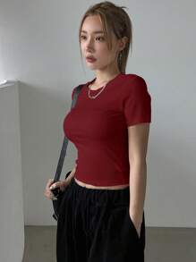 DAZY Solid Slim Fit Round Neck Short Sleeve T-Shirt - Burgundy - View 3