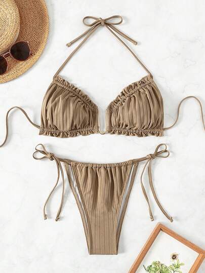 SHEIN Swim Summer Beach Textured Halter Neck Bikini Set