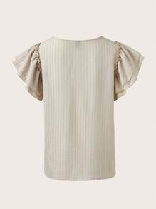 SHEIN LUNE Camiseta De Textura Sólida Con Volantes En La Sisa De La Mujer - Beis - Ver 2
