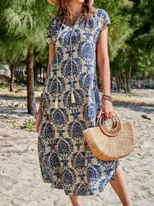 EMERY ROSE Women's Casual Short Sleeve Mid-Length Tassel Hem Vacation Dress With Plant Print For Summer