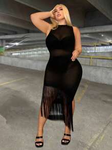 Allurite Plus Size Perspective Fringe Hem Bodycon Dress - Black - View 4