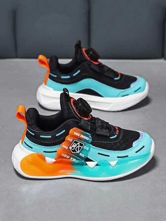 1 par de zapatos deportivos para niños con diseño de bloque de color, cordones y PU, con estilo lindo y apropiados para actividades al aire libre y correr