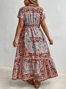 SHEIN Holidaya Kích thước lớn In hoa Cổ chữ V Kẹp chặt Eo tay cánh Đầm - Nhiều màu - Xem 2