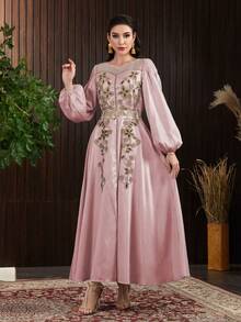 Modelyn Sợi lưới cổ hình trái tim Chắp vá họa tiết hoa Váy Ả Rập - Hồng - Xem 5