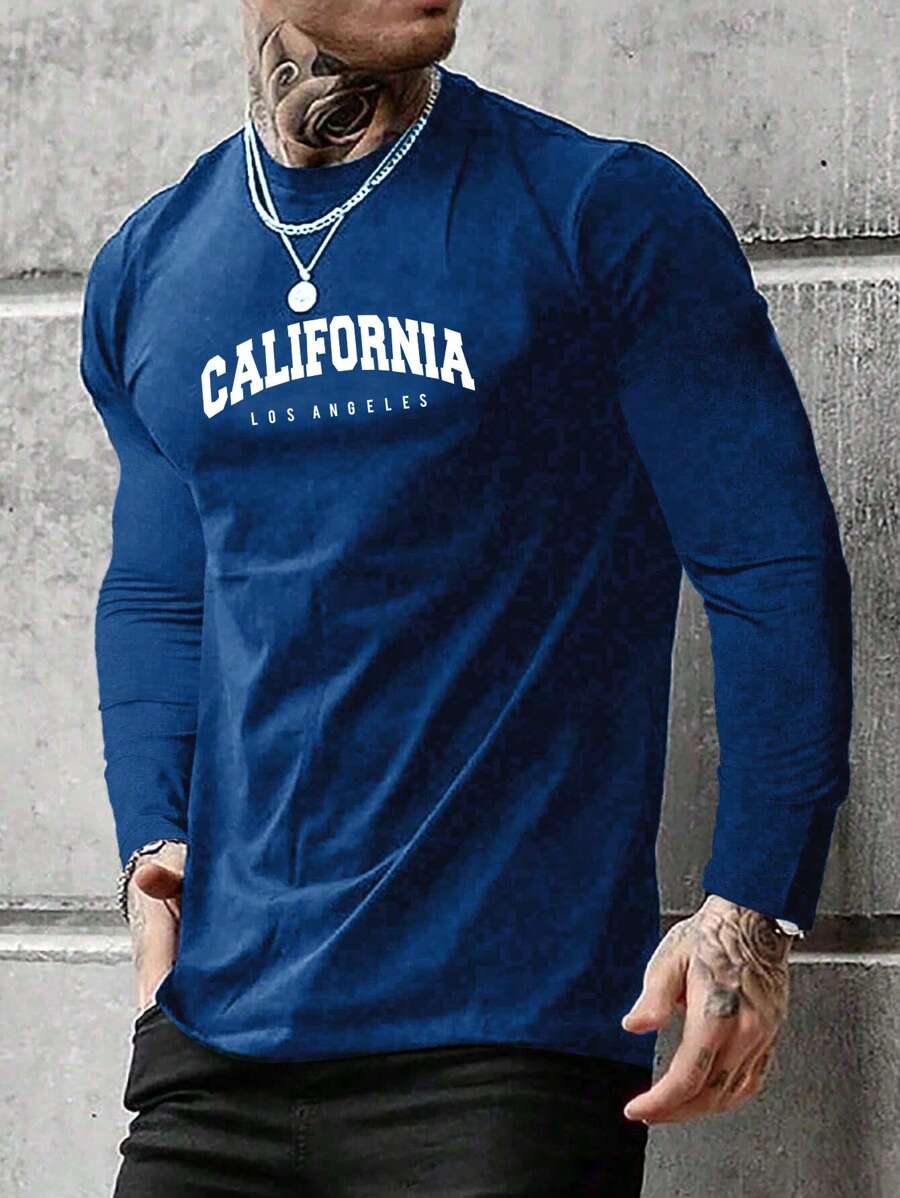 Manfinity Homme Áo thun nam cổ tròn tay dài in chữ, áo thun nam tay dài mùa hè chất lượng tốt, áo hoodie California, cho mùa thu - Màu xanh hải quân - Xem 1