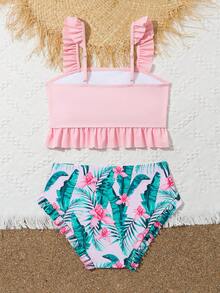 Conjunto de bikini de unicolor en la parte superior y estampado de plantas en la Bottom para niña preadolescente, verano playa - Multicolor - Ver 2