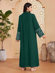 Al Najma 女士纯色翻领长阿拉伯长袍，穆斯林时尚长袍，适合休闲/节日/聚会/旅行 - 墨綠色 - 查看 2