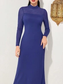 Modelyn Vestido De Manga Larga Para Mujer Con Cuello Alto Y Detalles De Malla - Azul - Ver 2