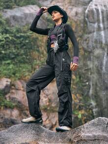 In My Nature Women's Drawstring Waist Cargo Outdoor Cargo Pants - Black - View 5