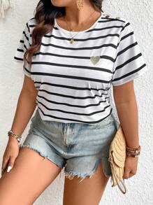 SHEIN Frenchy Plus Size Heart Embroidered Striped Summer Boho T-Shirt