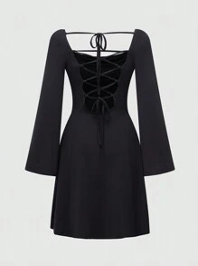 SHEIN Unity Women's Solid Color Drpaed-Neck Flare Sleeve Cross Strap Backless Dress - Black - View 2