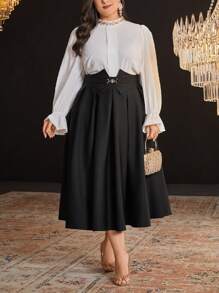 Modelyn Plus Size Women's Asymmetrical Waist Floaty Skirt - Black - View 3