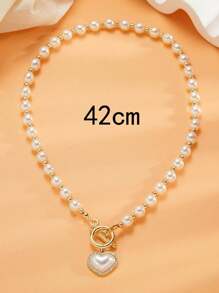 Collar con colgante de corazón con decoración de perlas falsas y hebilla OT, perfecto como regalo para el Día de San Valentín, Día de la Madre