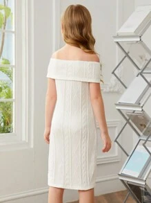 SHEIN Tween Girl Knitted Solid Color Off Shoulder Casual Dress - White - View 2