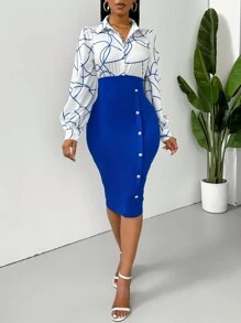 SHEIN Lady Của phụ nữ In sọc Nút Trang trí Tay áo lồng đèn Váy bodycon - Xanh đậm - Xem 6