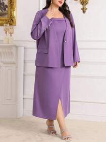 Modelyn Plus Size Solid Color Single Button Blazer And Slit Hem Dress Set - Purple - View 1