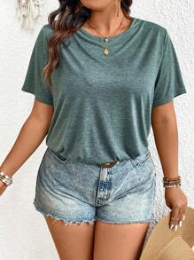 SHEIN Frenchy 大尺碼圓領蕾絲拼接休閒t恤 - 綠色 - 查看 5