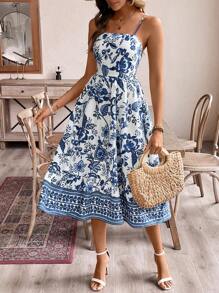 Breezaya 女士夏威夷风格休闲日常度假花卉印花长款吊带裙，夏季超长女装 - 彩色 - 查看 1
