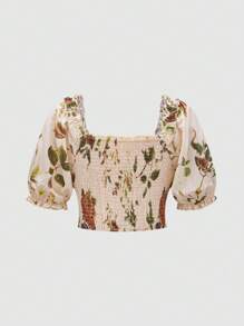 SHEIN Unity Floral Print Frill Trim Decor Band Collar Shirt With Puff Sleeves - Apricot - View 2