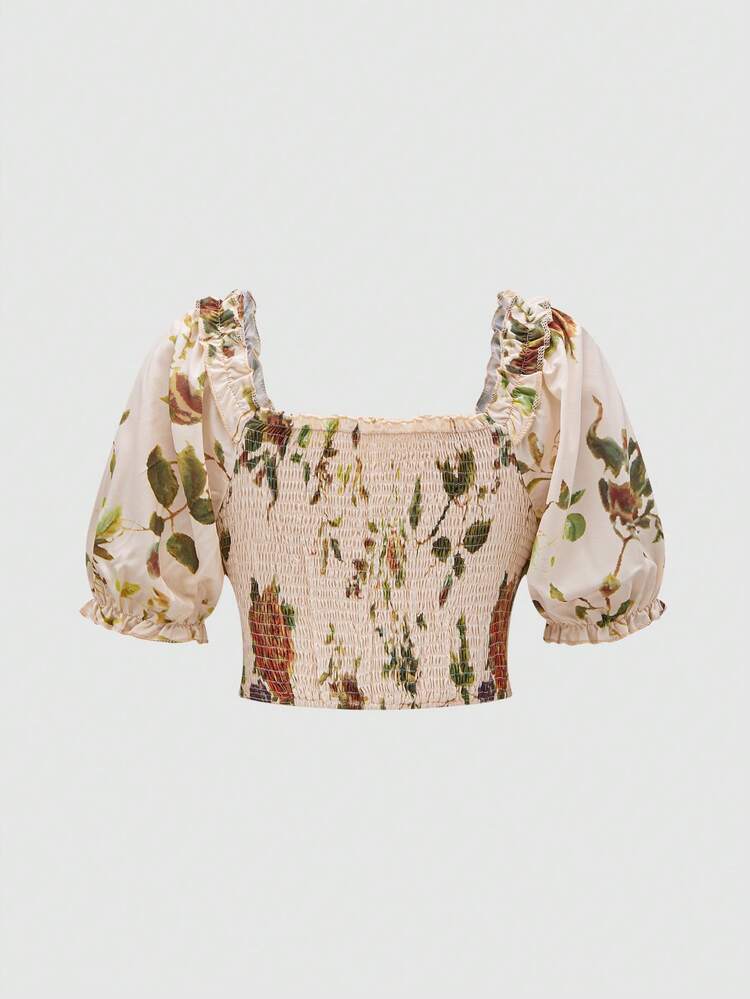 Floral Print Frill Trim Decor Band Collar Shirt With Puff Sleeves
