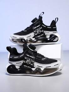 1 Pair Kids Cartoon Colorblock Rotating Lace-Up PU Design Fashion Cute Running Shoes, Suitable For Outdoor Activities And Running