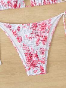 Swim Mod Summer Beach Floral Printed Padded Halter Neck Bikini Set With Bottoms - Pink - View 6