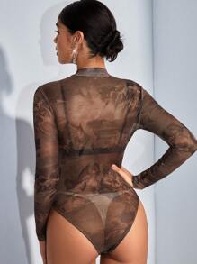 SHEIN BAE Women's Vintage Stand Collar Bodysuit With Character Printing - Brown - View 2
