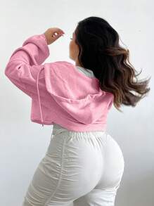 SHEIN SXY Áo nỉ cỡ lớn, màu trơn, có khóa kéo phía trước và dây rút ở gấu áo. - Hồng - Xem 2