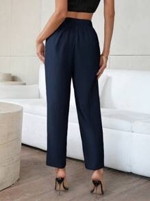 SHEIN Privé Women Pants Tombol Zip Plicated Plain Anggun - Navy Blue - View 2